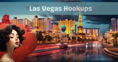 The Las Vegas Strip at dusk with the Eiffel Tower replica lit up and traffic trails along the boulevard, and an illustrated woman with a heart in the foreground, under the heading Las Vegas Hookups