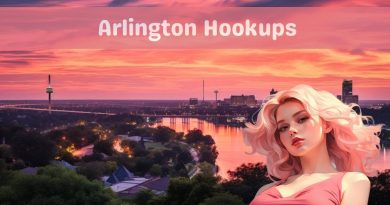 Illustrated banner headed Arlington Hookups, showing a city skyline and a bridge over water at sunset with a woman in the foreground.