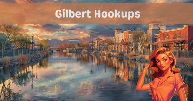 Illustrated banner headed Gilbert Hookups, showing a waterside row of shops and restaurants at sunset with mountains behind and a woman in the foreground.