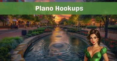 Illustrated banner headed Plano Hookups, showing a landscaped water feature along a tree lined street of shops at sunset with a woman in the foreground.