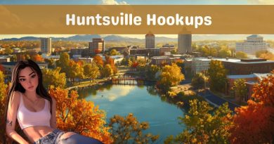 Illustrated banner headed Huntsville Hookups, showing a city skyline above a park and lake in autumn colour with a woman in the foreground.