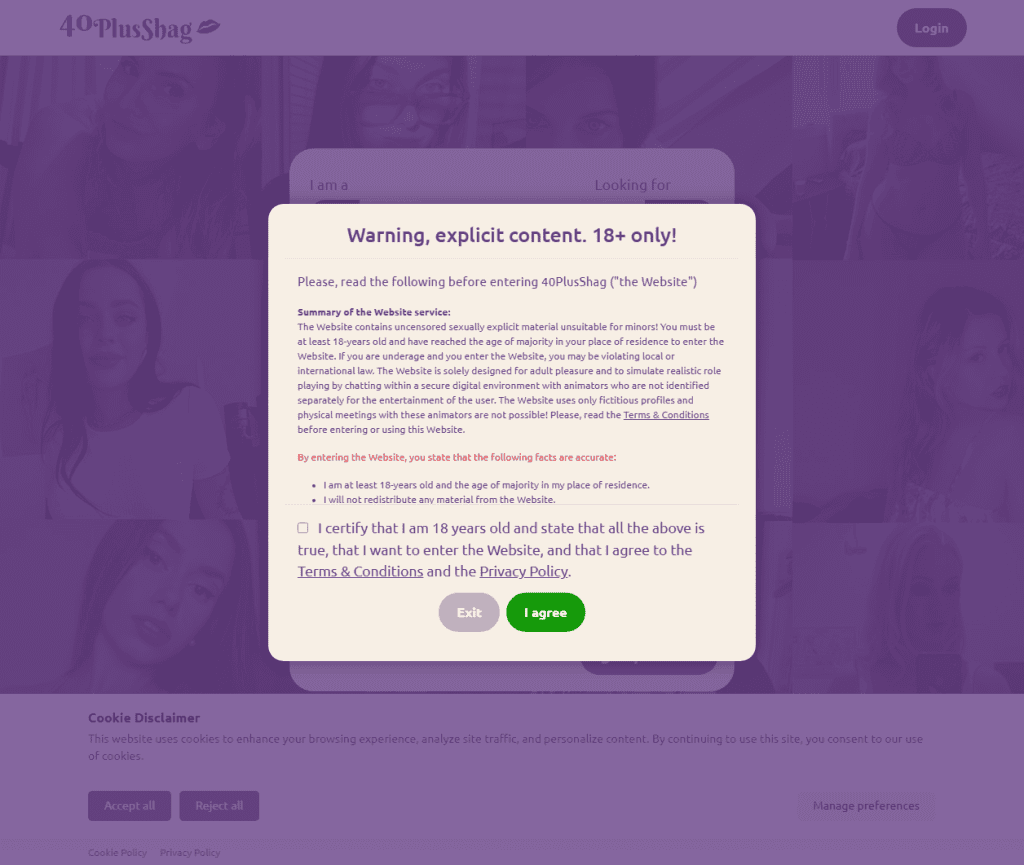 40PlusShag age warning stating profiles are fictitious and meetings not possible