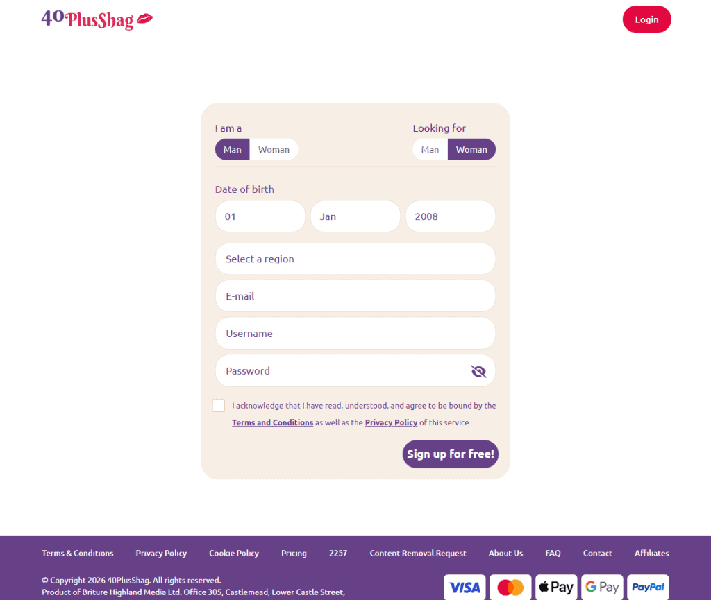 40PlusShag registration form and Briture Highland Media operator footer