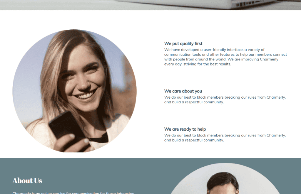 Charmerly features section describing its communication tools and community