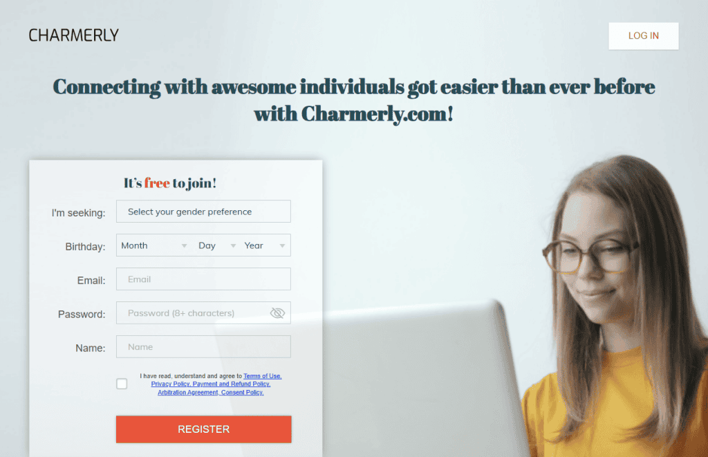 Charmerly homepage and registration form asking gender preference, birthday, email, password and name