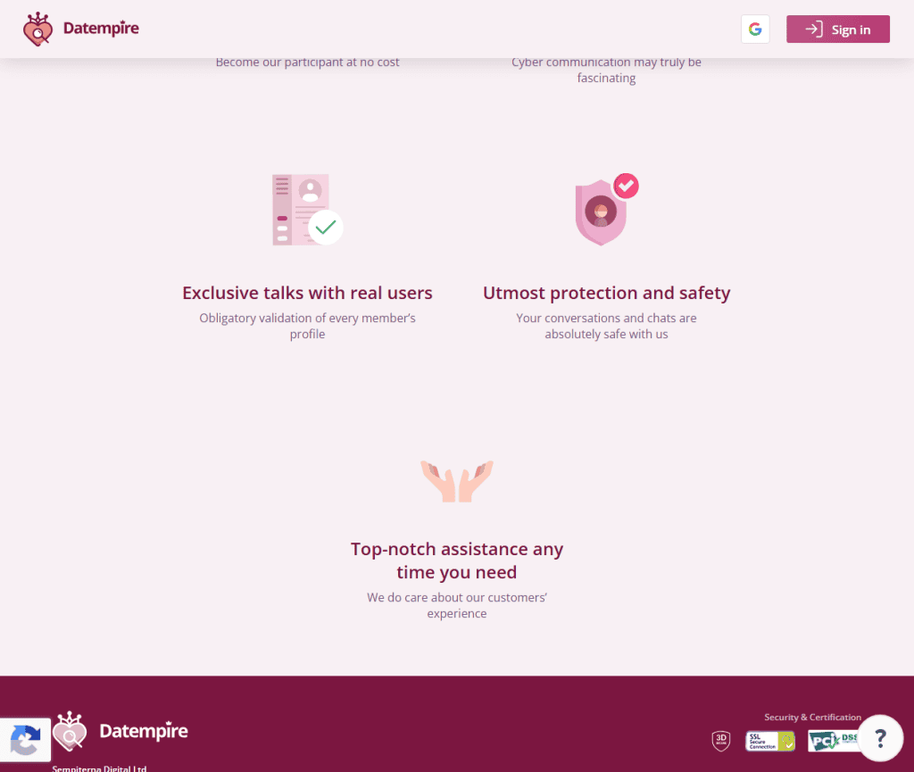 Datempire feature list and Sempiterna Digital operator footer