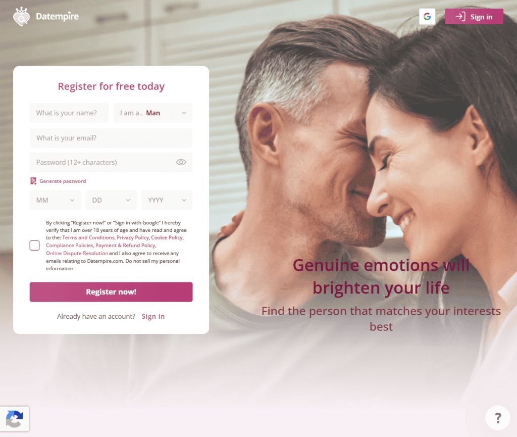 Datempire registration page with the Genuine emotions will brighten your life tagline