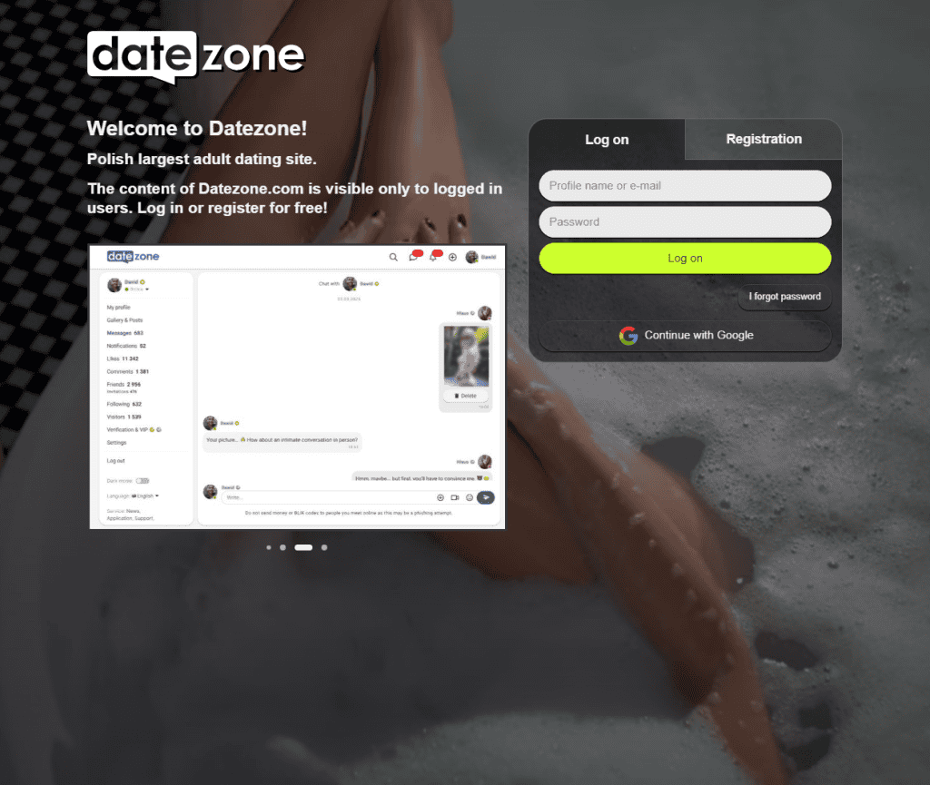 DateZone English homepage stating it is Polands largest adult dating site and content is visible only to logged in users