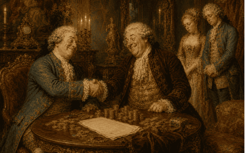 Two 18th-century fathers shaking hands over gold coins to arrange a marriage while the glum couple looks on
