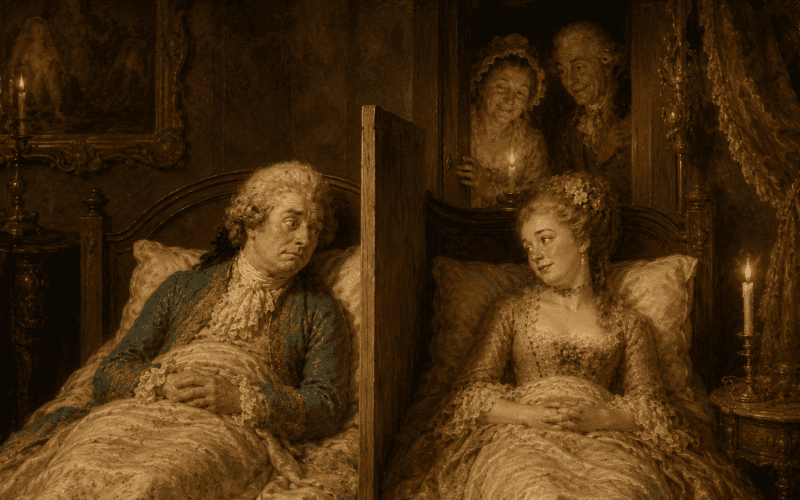 An 18th-century bundling scene: a couple in bed with a wooden board between them while parents peek in