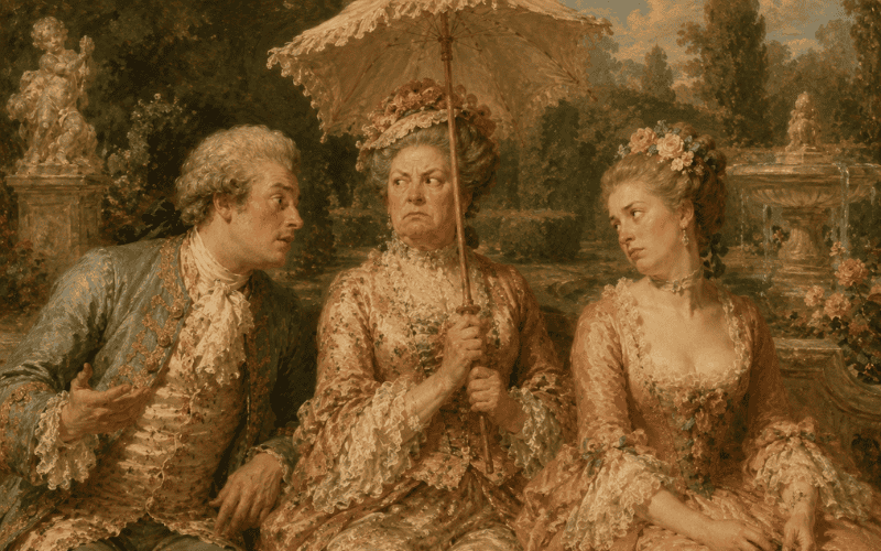 A grumpy 18th-century chaperone sitting between a courting couple on a garden bench