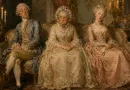 18th-century painting of a young courting couple sitting apart with a stern chaperone wedged between them