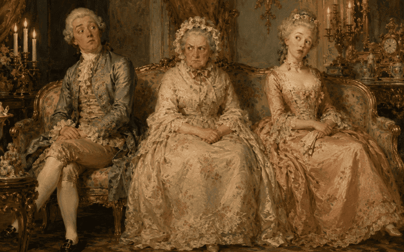 18th-century courting couple sitting apart with a stern chaperone between them