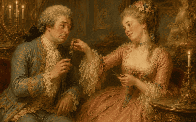 An 18th-century woman offering a lock of her hair to a nervous suitor