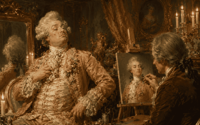 A vain 18th-century nobleman being painted a flattering miniature portrait