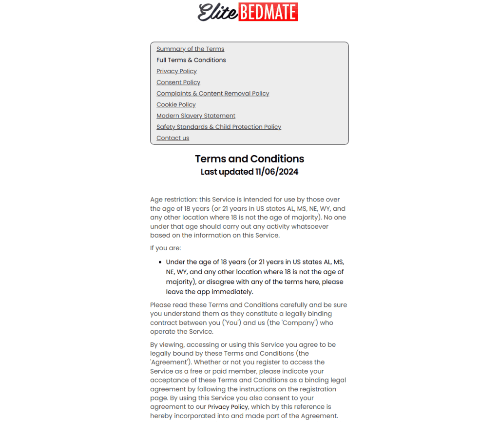 EliteBedMate terms page naming Ambiance Ltd of Malta as the billing company