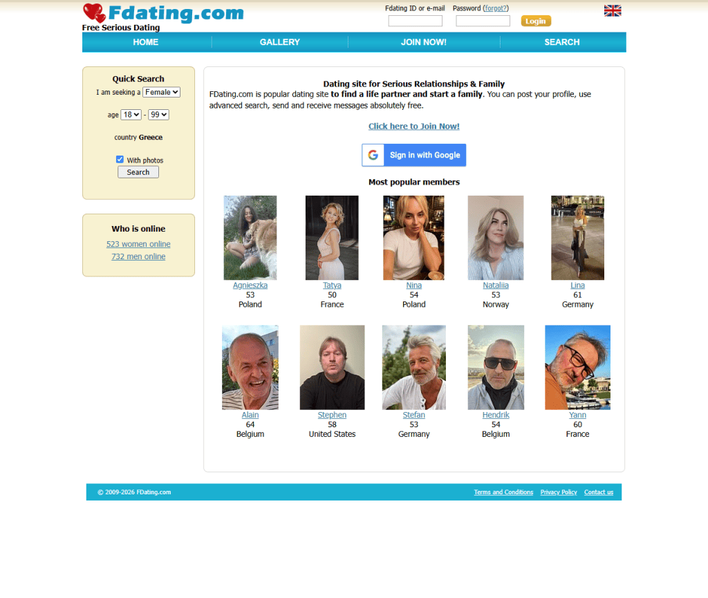 FDating homepage showing free serious dating and a live members online counter