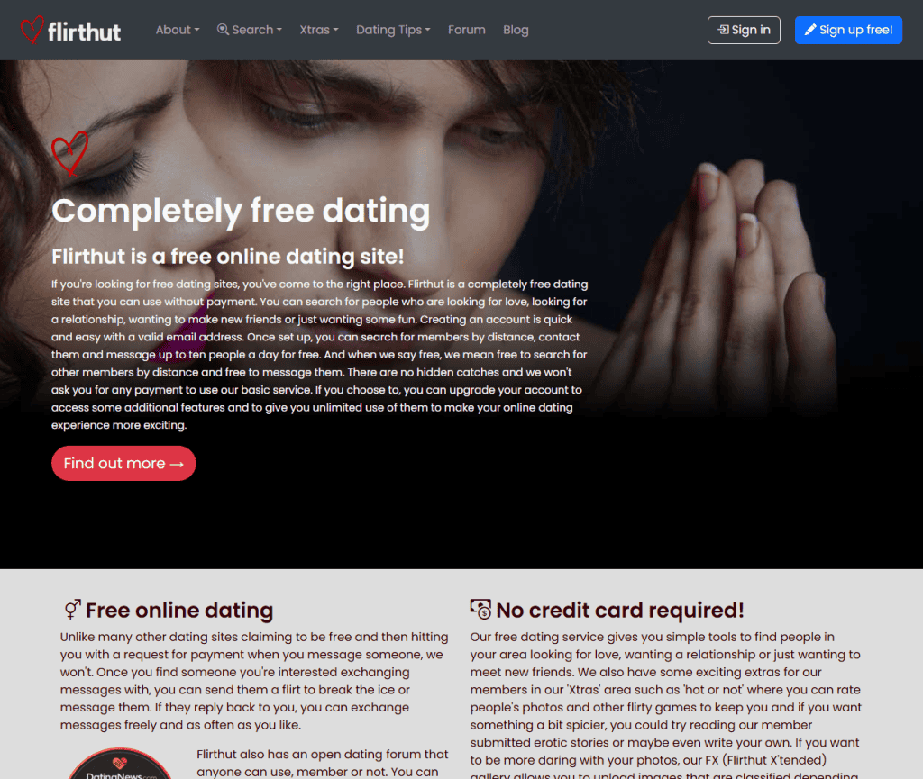 Flirthut homepage showing its completely free dating message