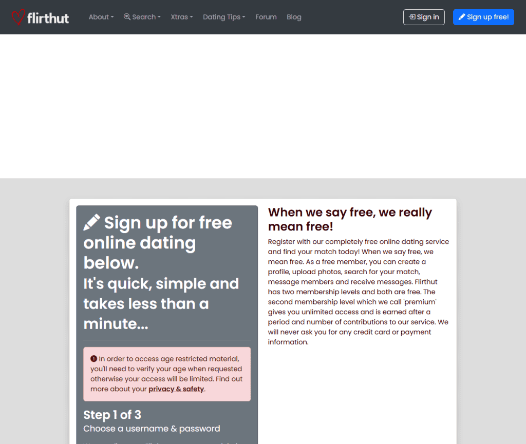 Flirthut registration page with age verification notice and three step signup