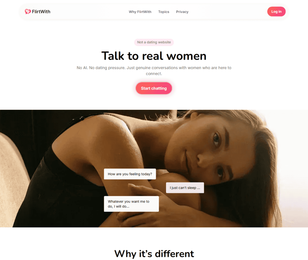 FlirtWith homepage, the Talk to real women landing page
