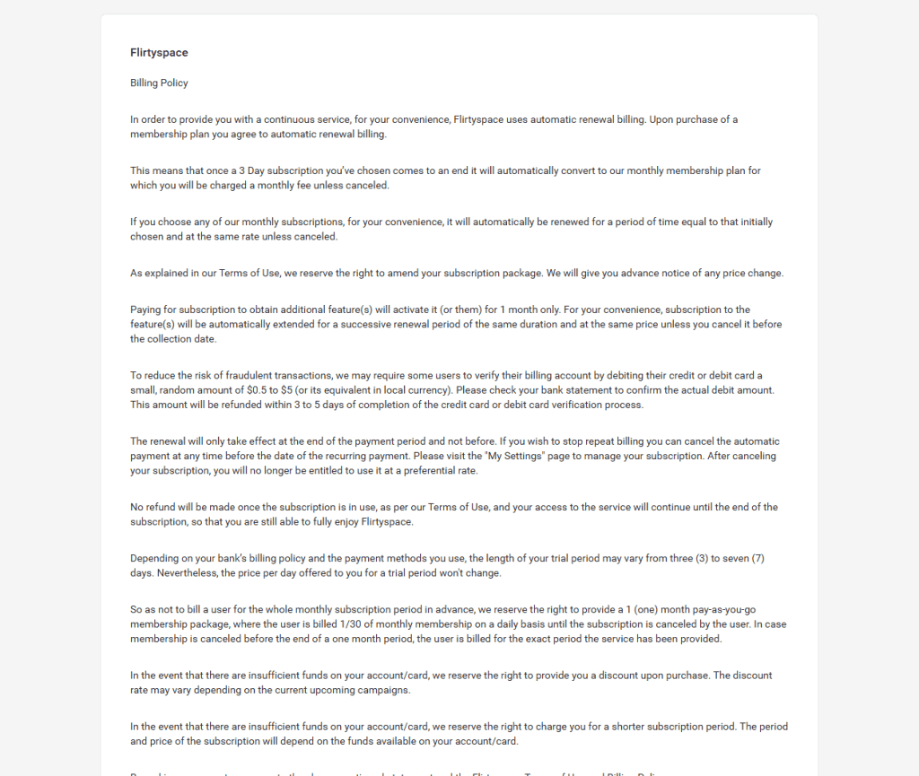 FlirtySpace billing policy describing automatic renewal and trial conversion