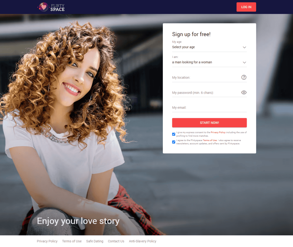 FlirtySpace homepage signup form with pre-ticked consent checkboxes
