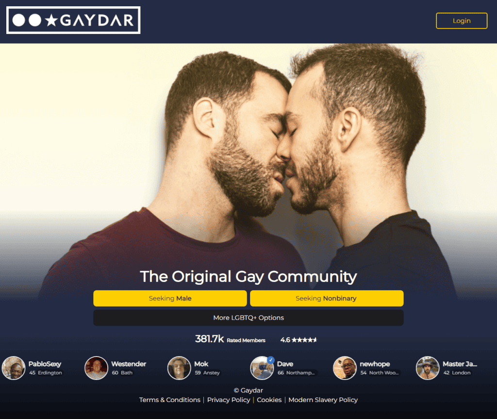 Gaydar homepage showing The Original Gay Community with member count and rating