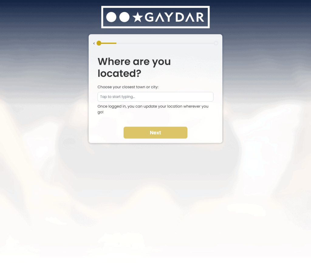 Gaydar registration first step asking for your closest town or city