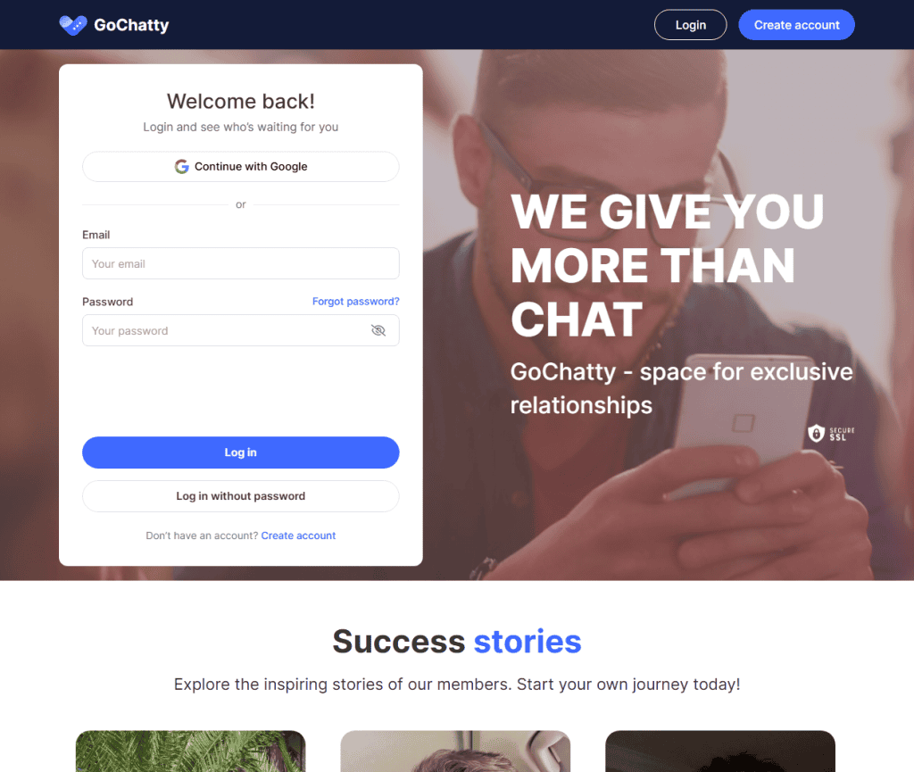 GoChatty homepage login and hero, space for exclusive relationships