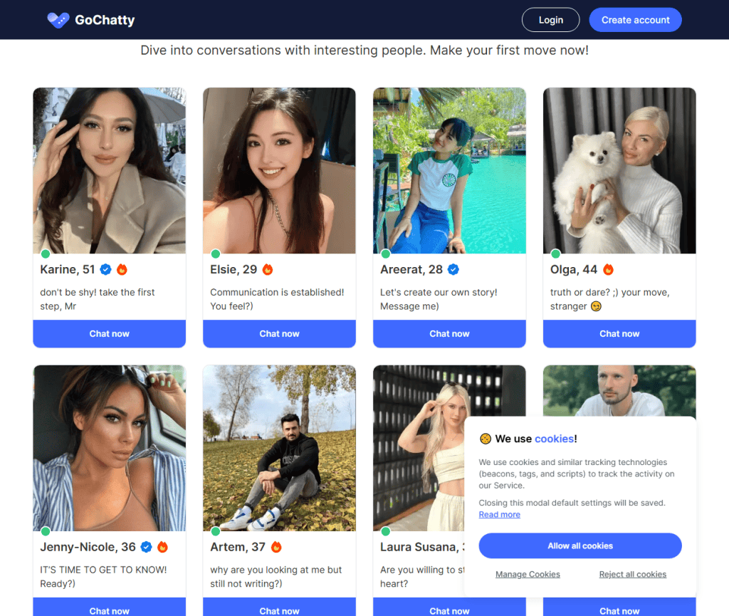 GoChatty profile grid with chat now buttons and coin prompts