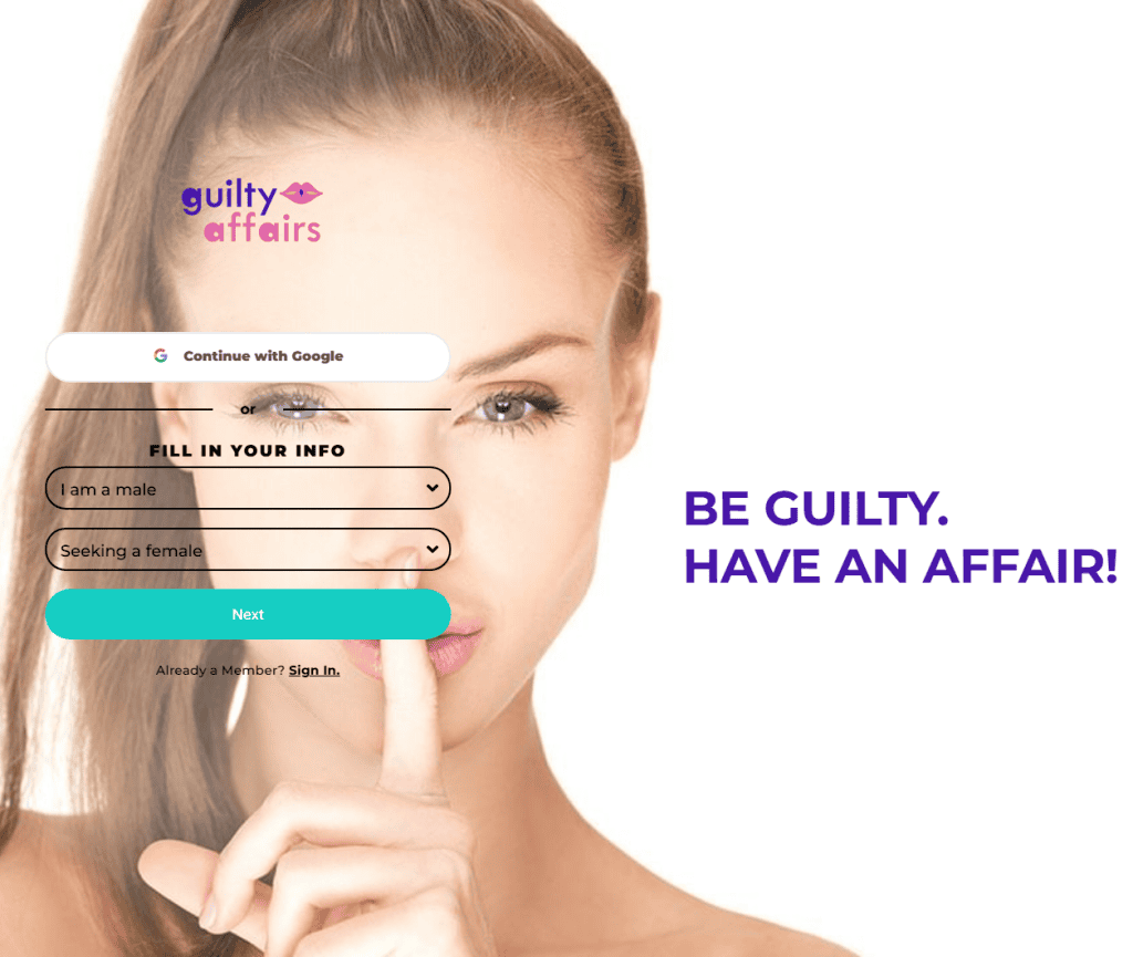 GuiltyAffairs registration page with the Be Guilty Have an Affair tagline
