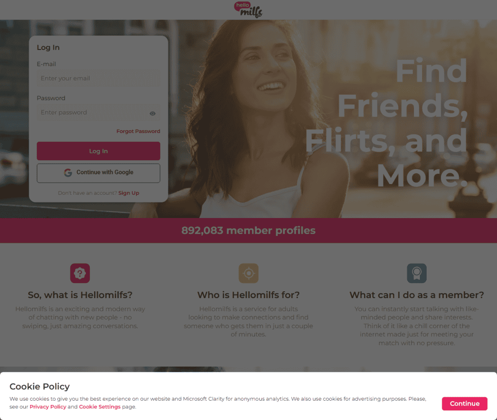 HelloMilfs login page with the Find Friends, Flirts and More tagline
