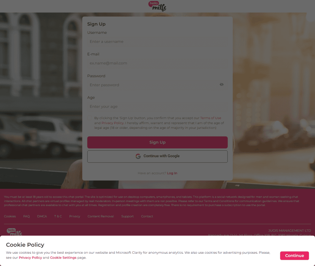 HelloMilfs sign up form and its virtual profiles disclaimer