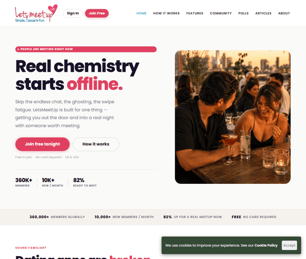 LetsMeetUp dating site homepage promising real offline meetups