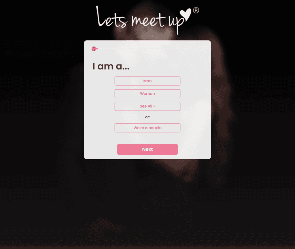 LetsMeetUp free signup funnel asking I am a man or woman