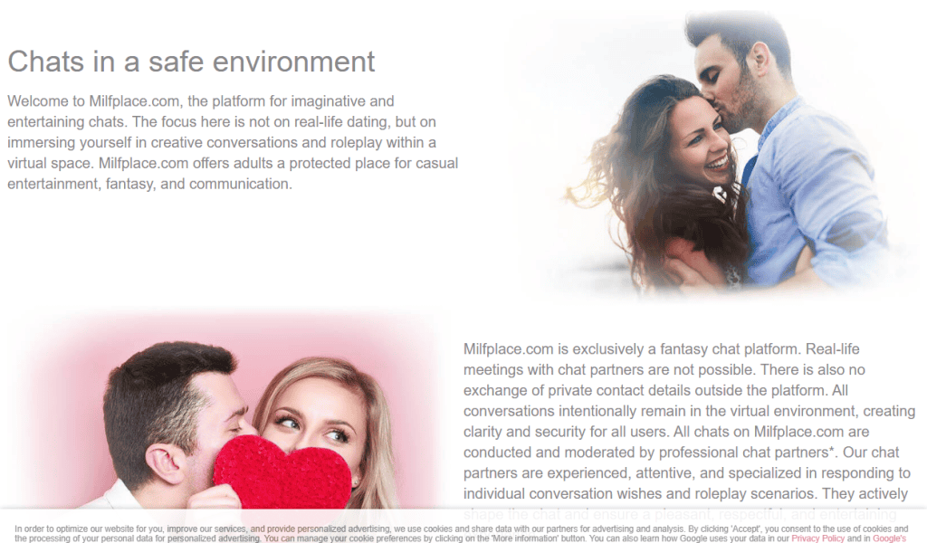 Milfplace homepage section stating it is a fantasy chat platform with professional chat partners and no real-life meetings