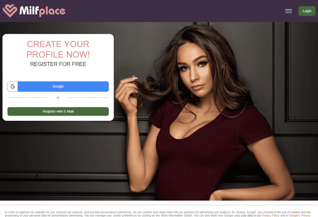Milfplace homepage with a create your profile registration form