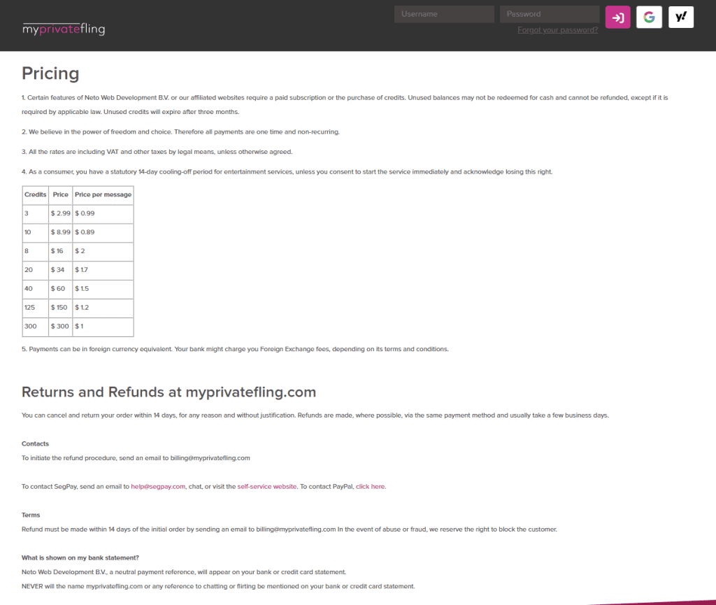 MyPrivateFling pricing page showing credit bundles and price per message