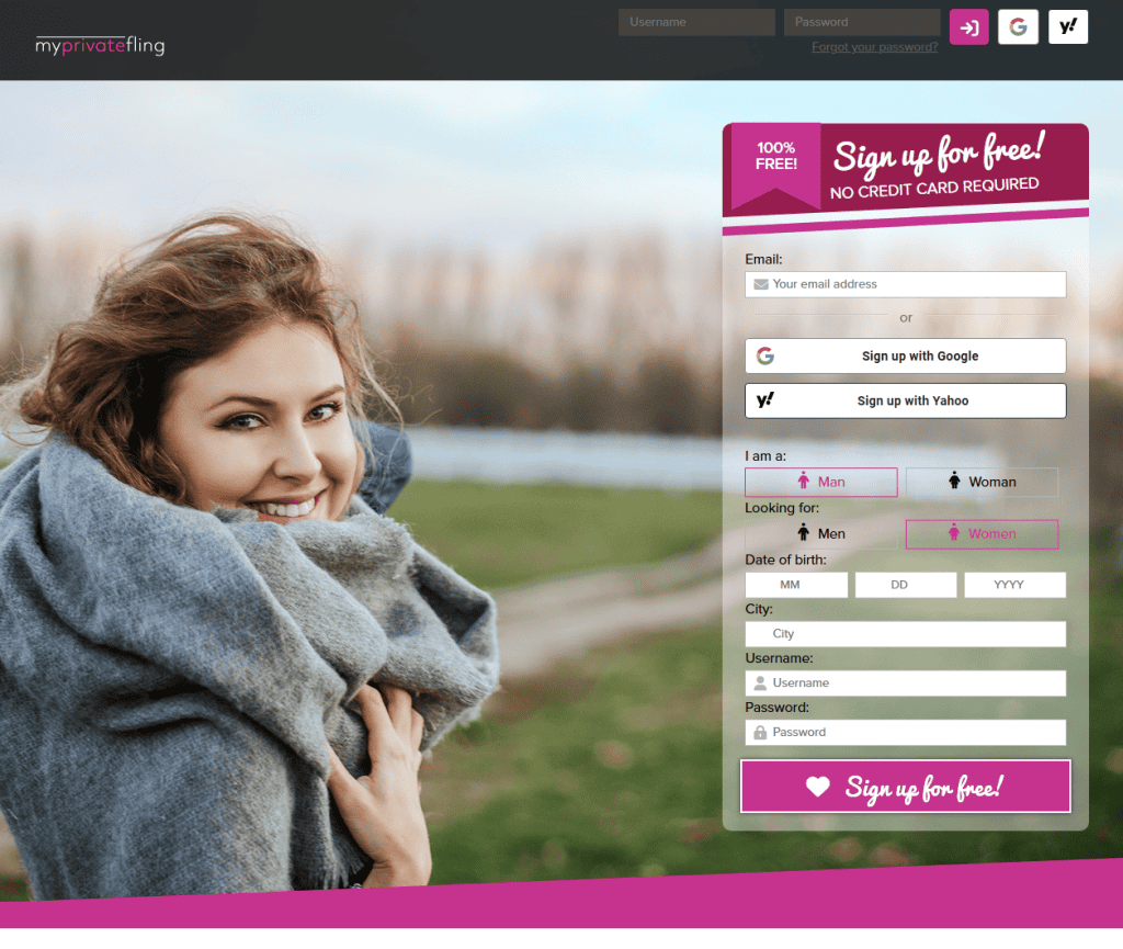 MyPrivateFling signup page presented as a standard dating form with no mention of fictional profiles