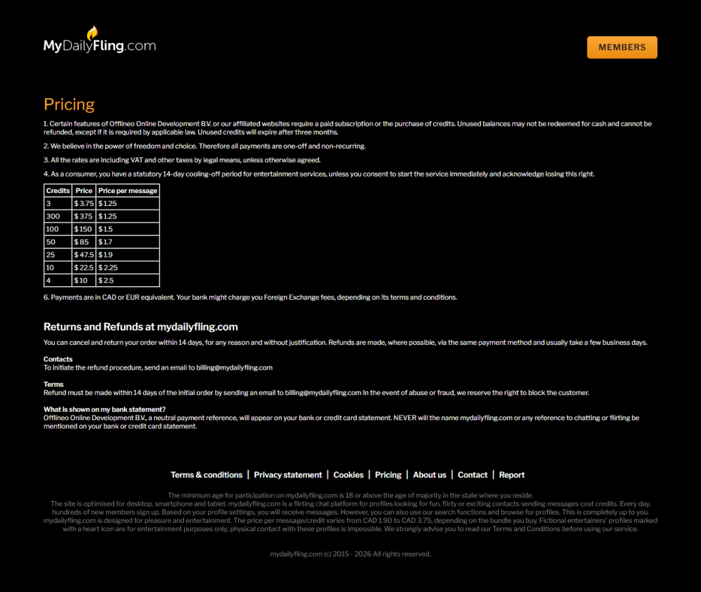 MyDailyFling pricing page credit packages and billing terms