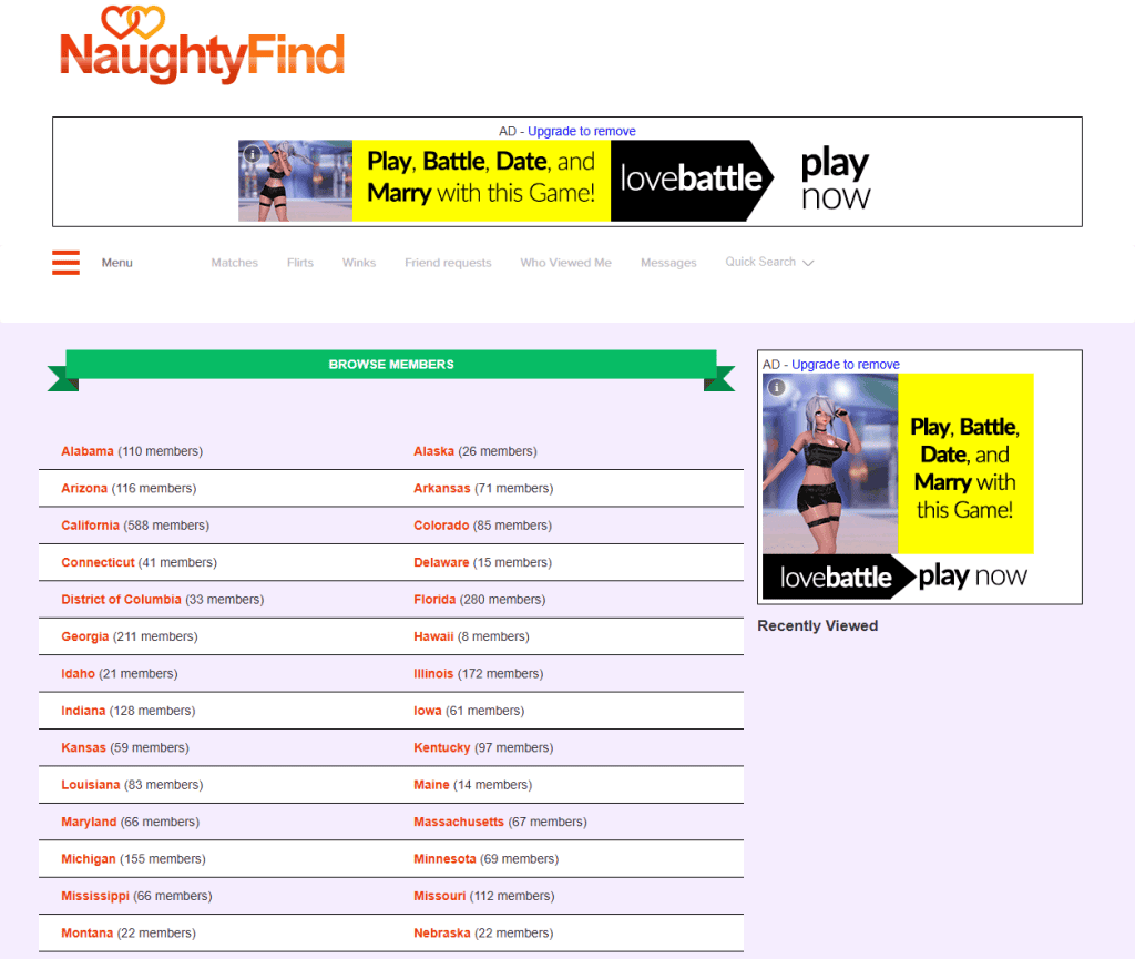 NaughtyFind public browse page listing member counts for each US state