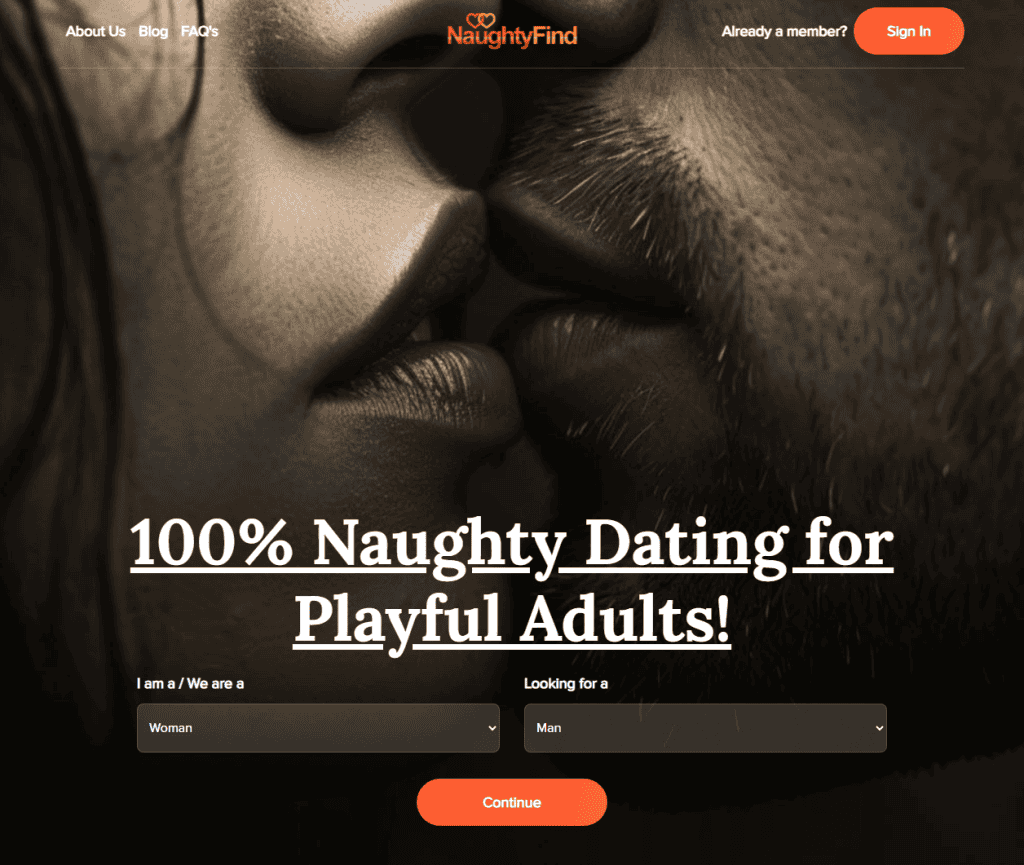 NaughtyFind homepage with a two field signup for singles and couples