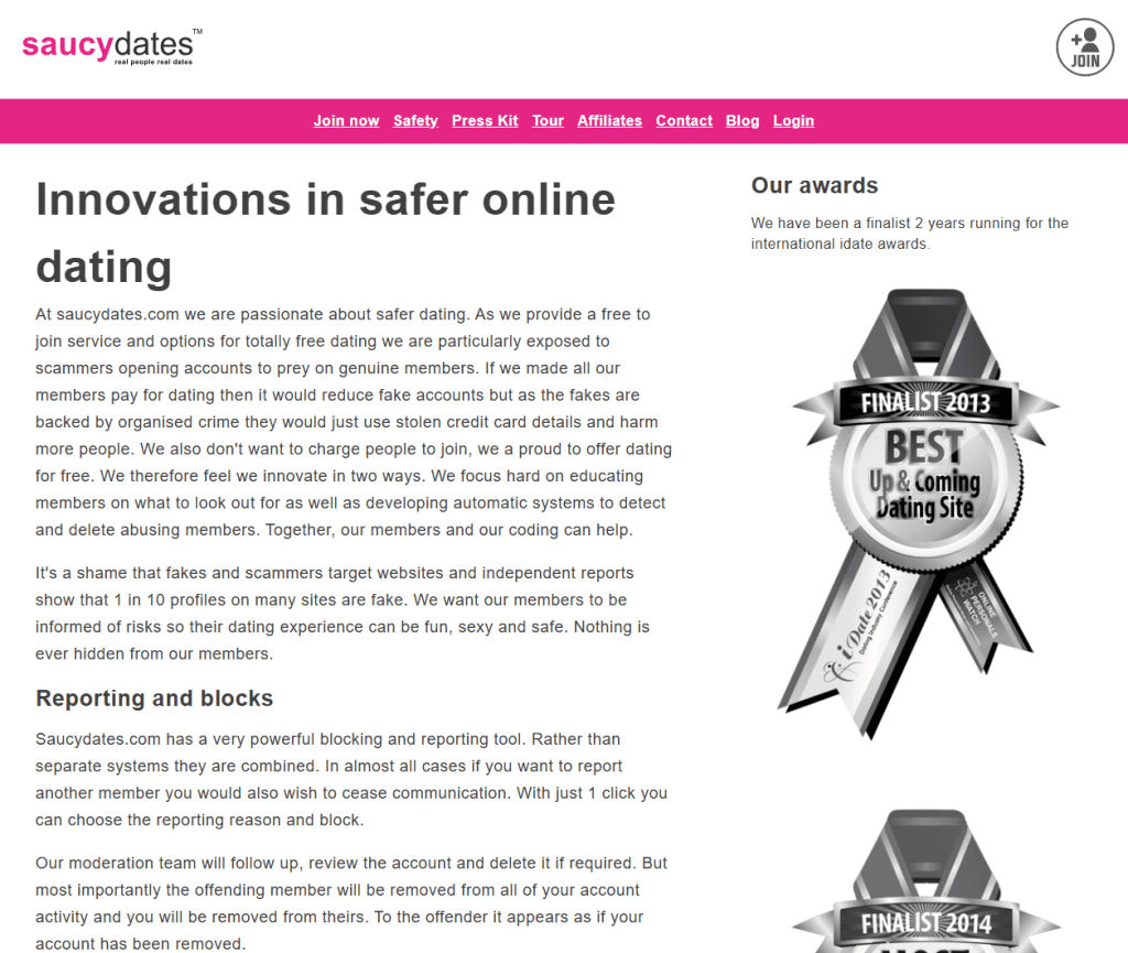 SaucyDates safety page discussing scammers, fake profiles and reporting tools
