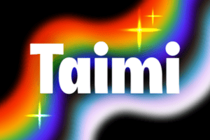 Taimi logo in white over a rainbow gradient wave
