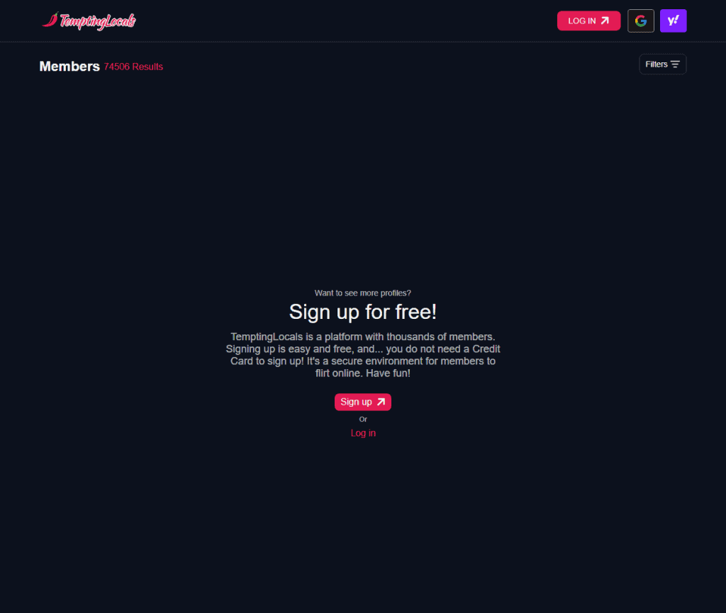 TemptingLocals homepage, sign up free to flirt online, member profiles