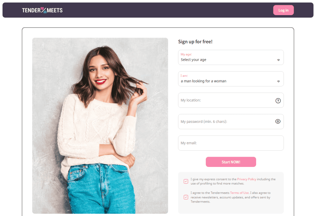 TenderMeets registration form asking for age, gender, location, password and email