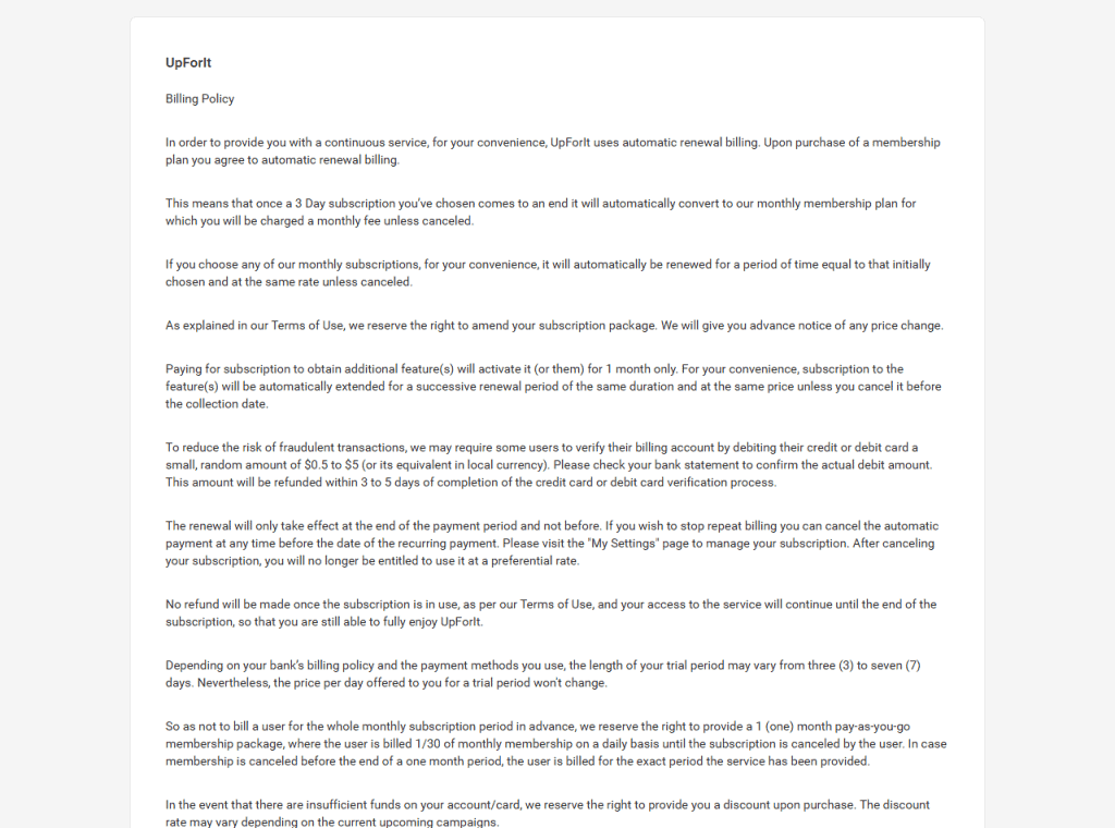 UpForIt billing policy page describing automatic renewal of subscriptions