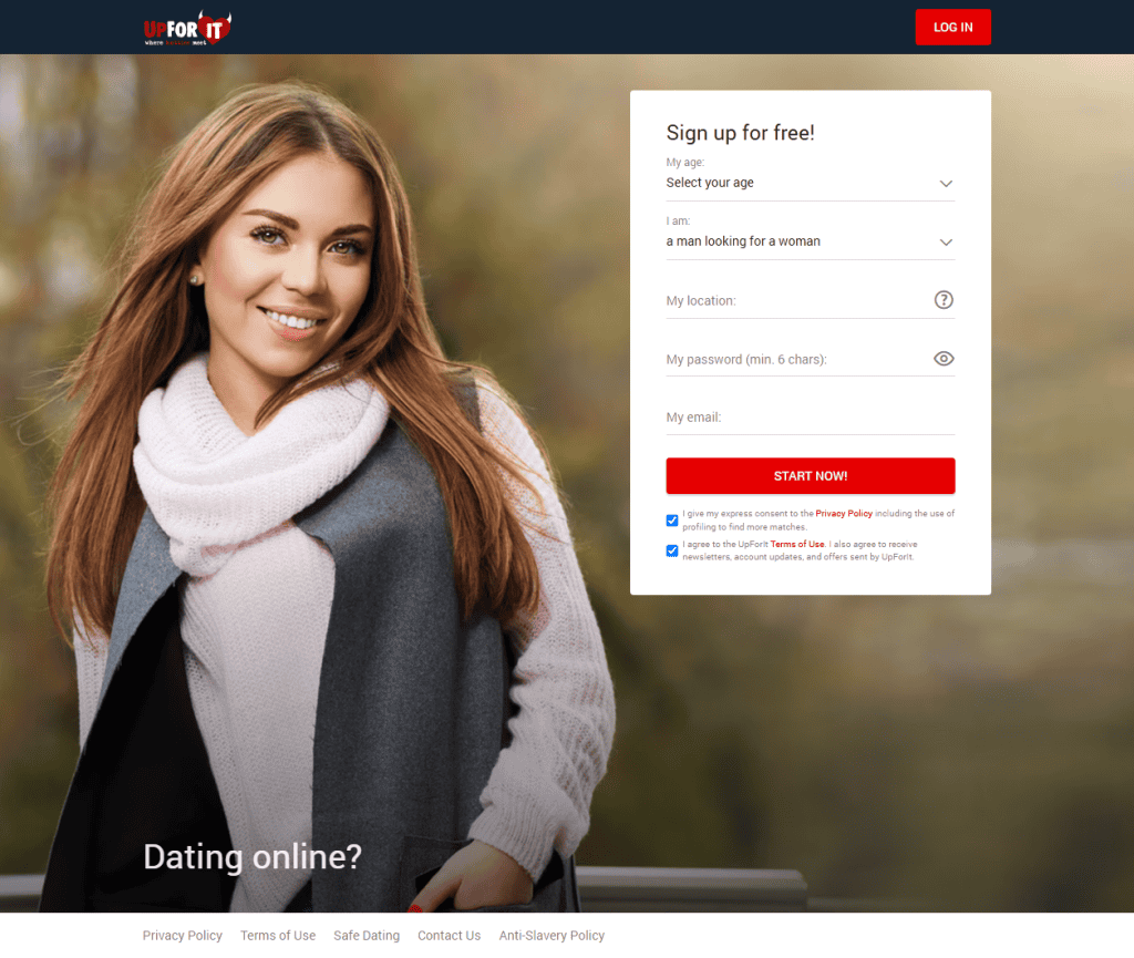 UpForIt homepage signup form with age, orientation and location fields