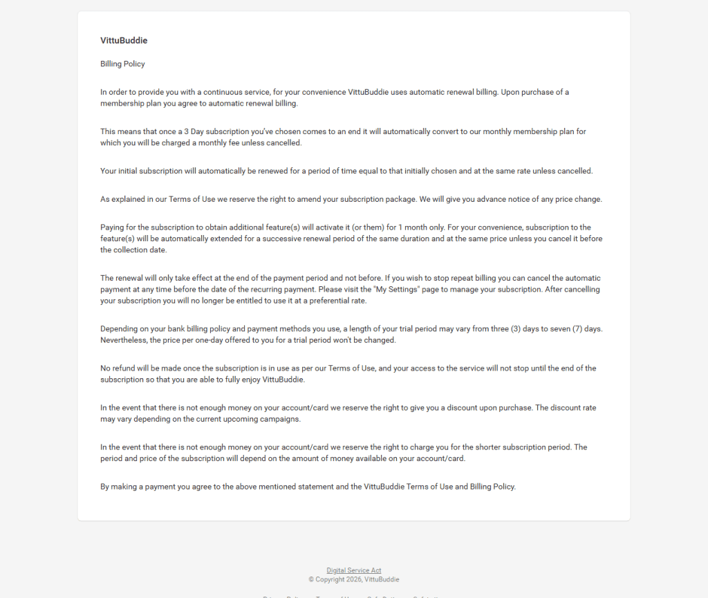VittuBuddie billing policy describing trial conversion and charging to available card balance