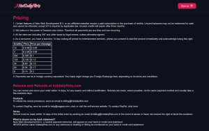 HotDailyFlirts pricing page showing a seven row credit table, 3 credits for 2.99 US dollars up to 300 credits for 300 US dollars, with a price per message column running from 0.89 to 2 US dollars, a line stating unused credits expire after three months, a line stating all payments are one time and non-recurring, and a bank statement note saying Neto Web Development B.V. appears on the card statement and the site name never does.